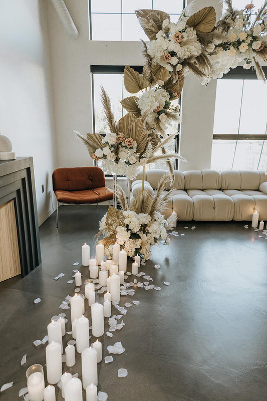 3D Flickering Wax LED Pillar Block Candles Arranged for a Wedding Ceremony