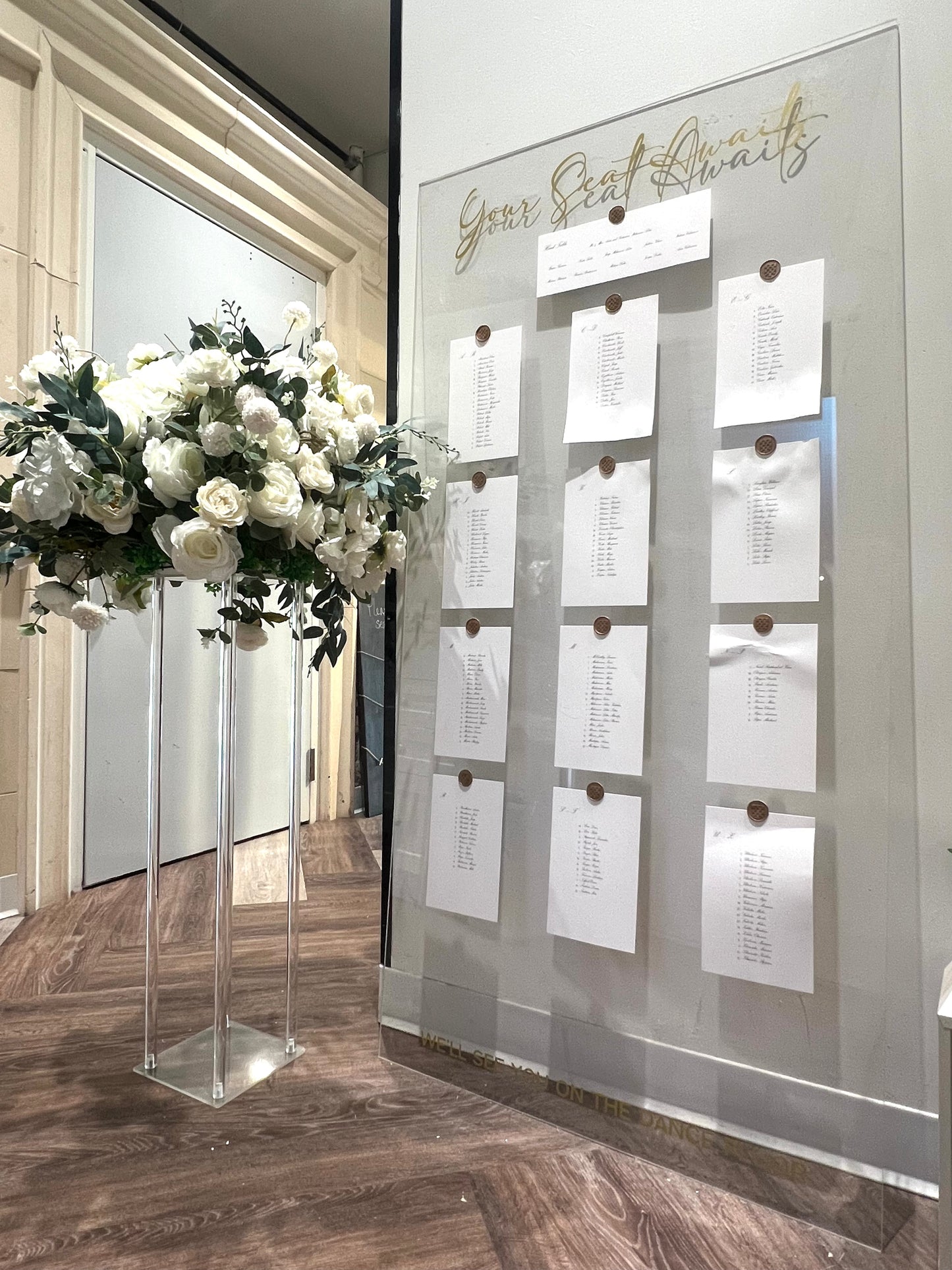 Elegant Acrylic Seating Chart Signage at Wedding Entrance