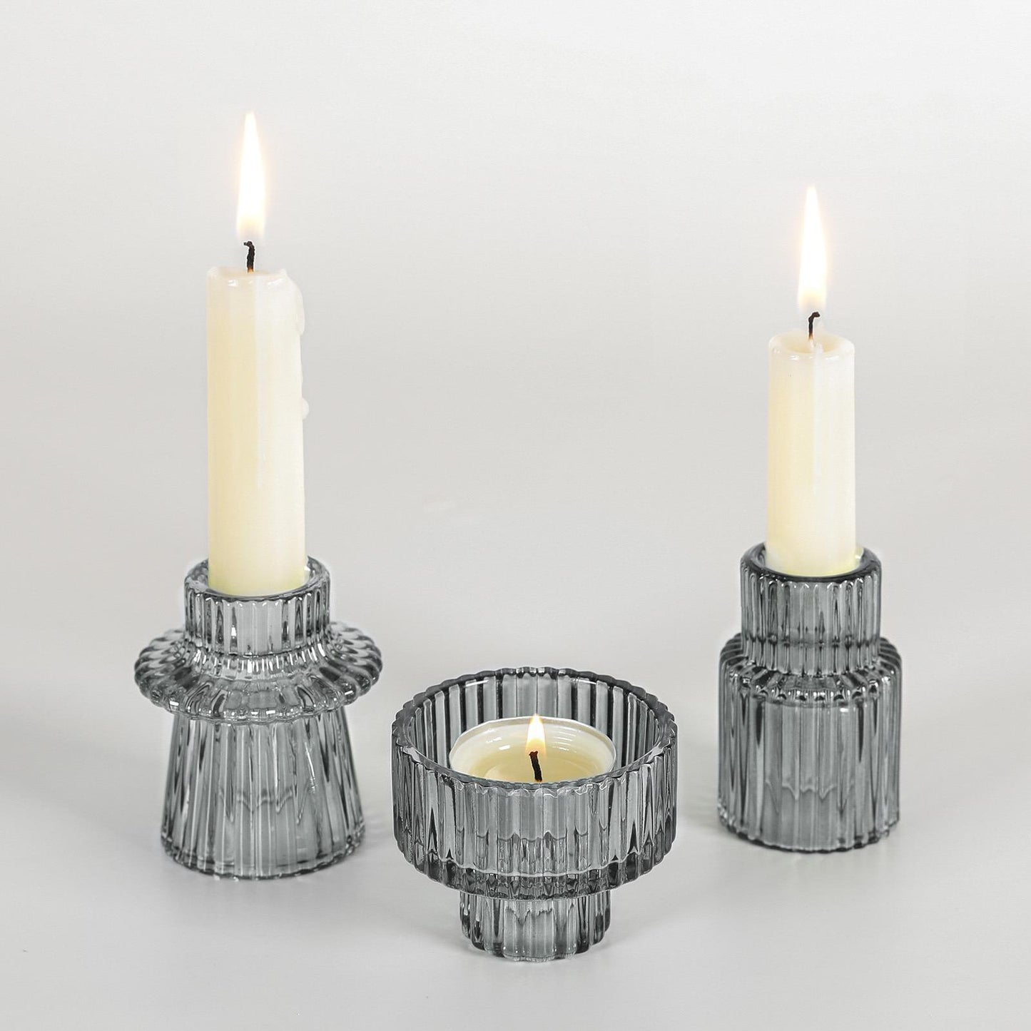Set of 3 Black Glass Candle Stick Holders