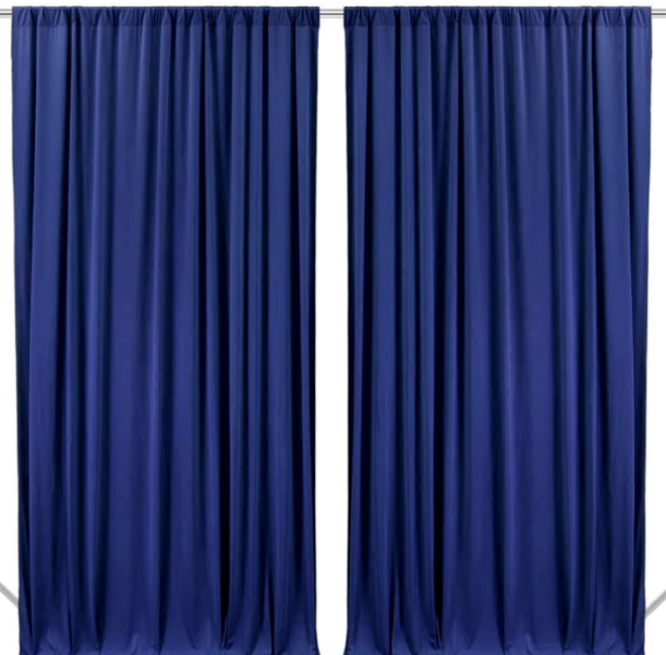 Navy Blue Satin Backdrop set up at a wedding reception.