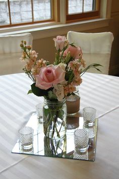 Elegant Floral Arrangement on 12'' Square Mirror Centerpiece at Wedding Reception