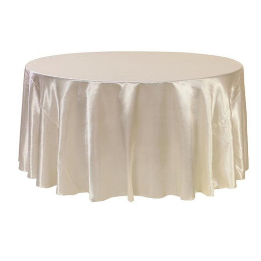 132'' Round Champagne Satin Tablecloth on 6-foot Round Table for Elegant Event Decor