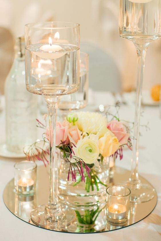 12'' Round Mirror Centerpiece Reflecting Candlelight