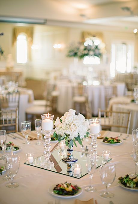 Elegant Floral Arrangement on 12'' Square Mirror Centerpiece at Wedding Reception