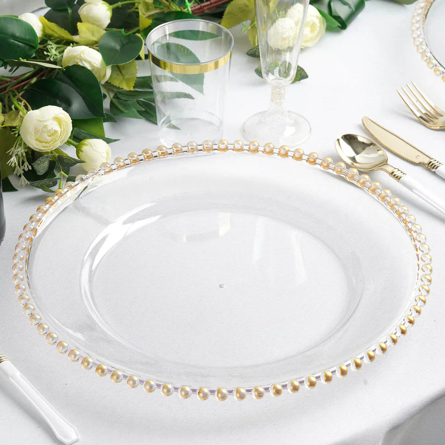 Elegant Acrylic Gold Beaded Charger Plate on Wedding Table Setting