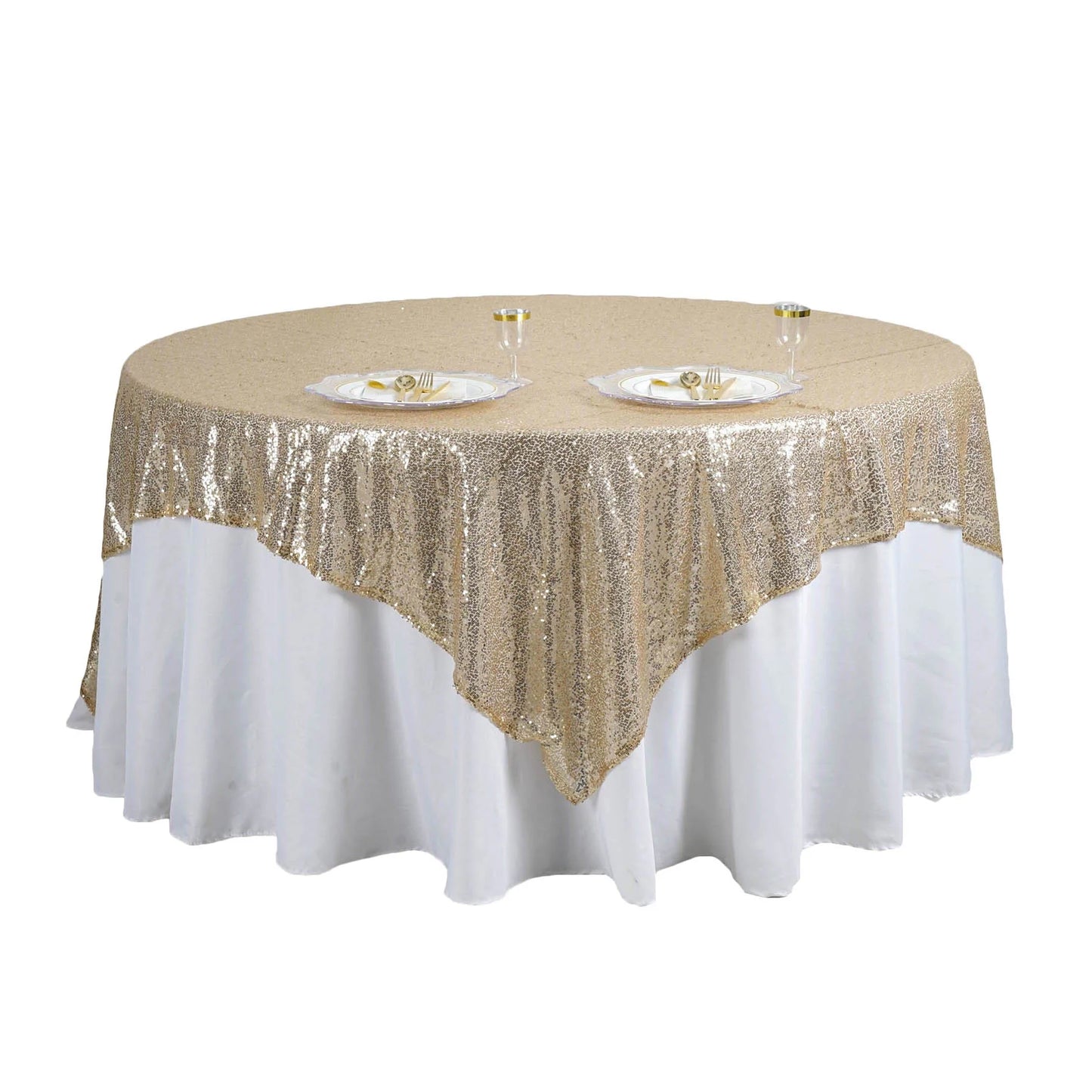 90'' x 90'' Gold/Champagne Sequin Square Overlay on Round Table for Elegant Event Decor