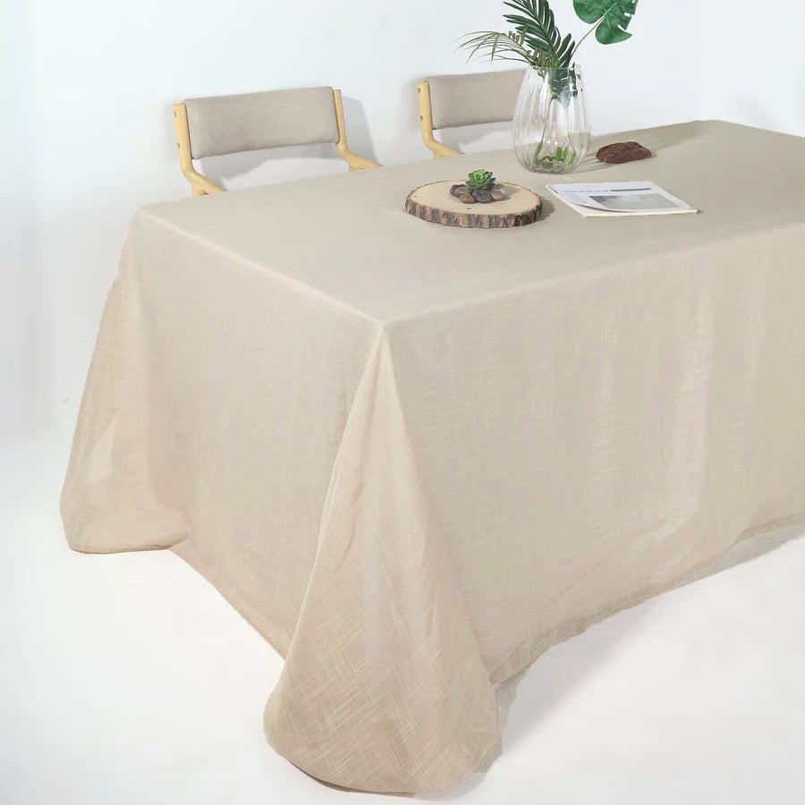 90'' x 156'' Beige Woven Rectangular Tablecloth on 8-foot Banquet Table