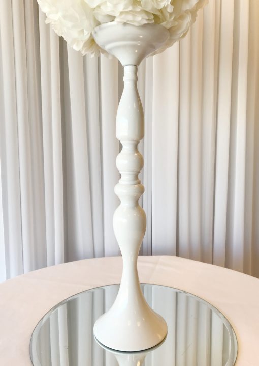 White floral stand with a glossy white finish for event decor.