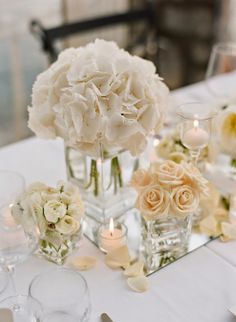 Elegant Floral Arrangement on 12'' Square Mirror Centerpiece at Wedding Reception
