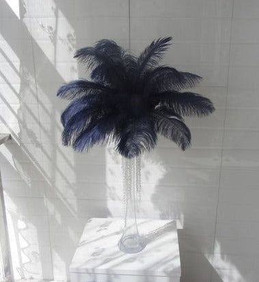 1 Dozen Navy Ostrich Feathers in a Clear Glass Vase for Elegant Centerpieces