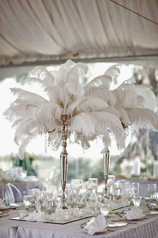 1 Dozen White Ostrich Feathers in a Clear Glass Vase for Elegant Centerpieces