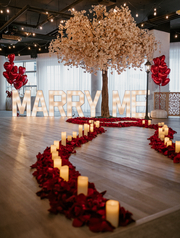 Romantic proposal setup with battery operated block candles and 'Marry Me' sign.