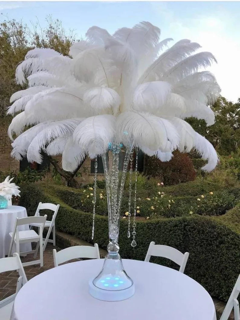 1 Dozen White Ostrich Feathers in a Clear Glass Vase for Elegant Centerpieces