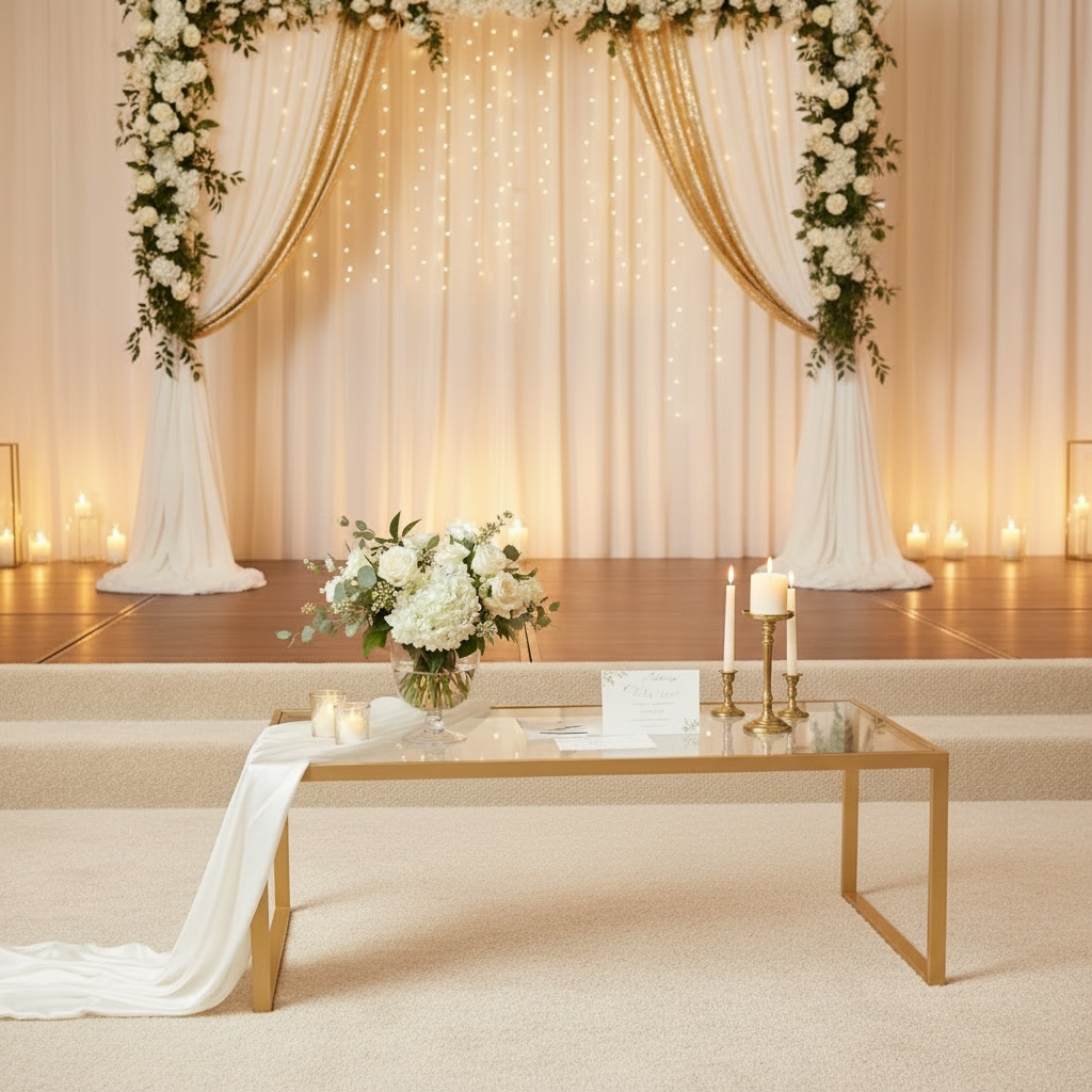 Gold glass coffee table styled as a wedding signing table with white florals and gold candlesticks