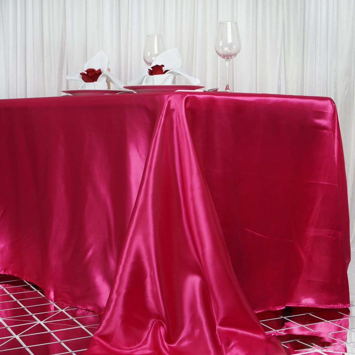 90'' x 156'' Fuchsia Satin Rectangular Tablecloth on 8-foot Banquet Table