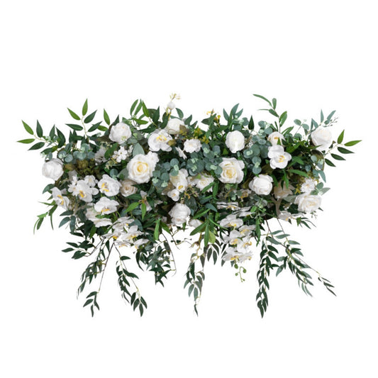 Elegant white and greenery silk floral piece for event decor.
