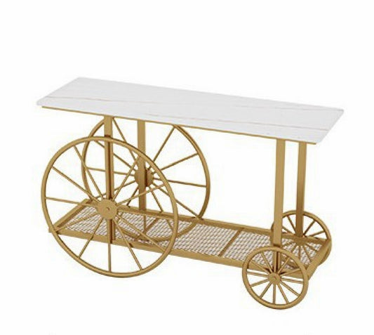 White Marble and Gold Wheel Cart Table